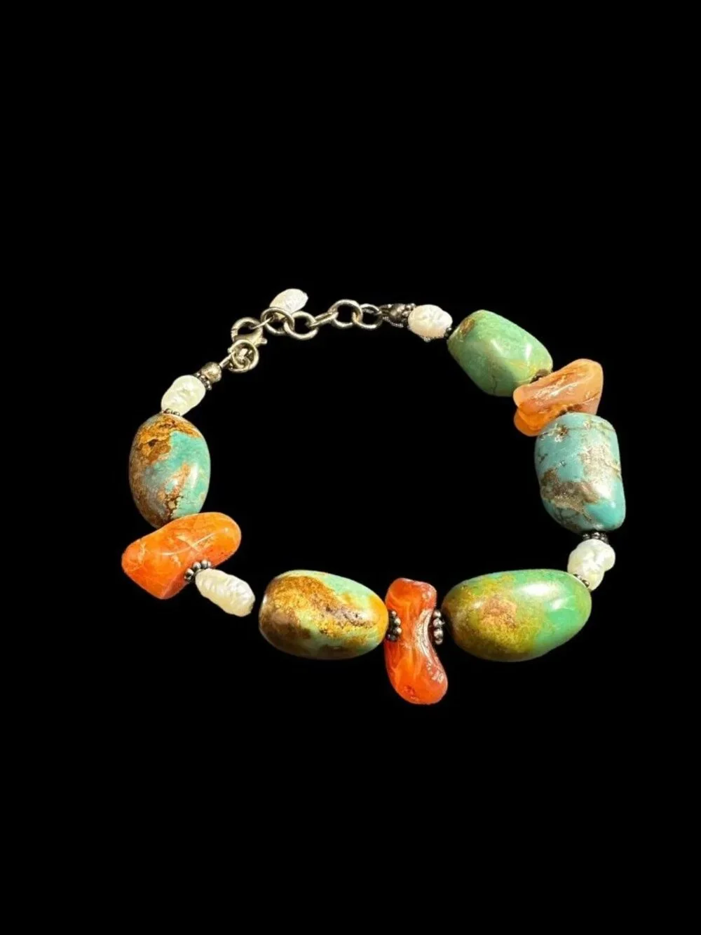 Bracelet 925 Turquoise Carnelian And Pearl Beads Adjustable Long Vintage